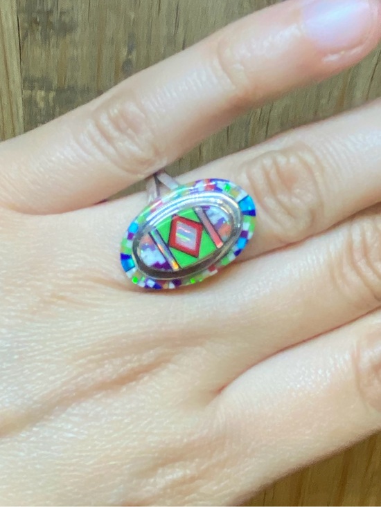 Handmade Jewelry - Zuni Jewelry Ring Sterling Silver Size 7 Ethnic Native American Inlay Gift Xmas